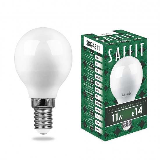 Лампа светодиодная SAFFIT SBG4511, G45 (шар), 11W 230V E14 4000К (белый), рассеиватель матовый белый, 905Lm, угол рассеивания 220°, 80*45мм изображение