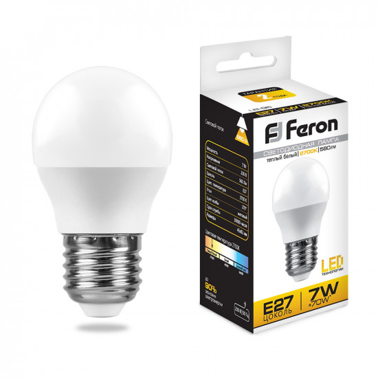 Лампа светодиодная FERON LB-95, G45 (шар малый), 7W 230V E27 6400К (дневной), рассеиватель матовый белый, 600Lm, угол рассеивания 220°, корпус пластик, 82*45мм image