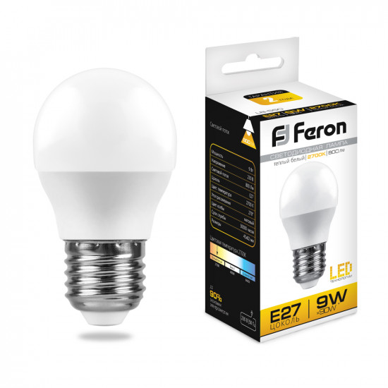 Лампа светодиодная FERON LB-550, G45 (шар малый), 9W 230V E27 2700К (белый теплый), рассеиватель матовый белый, 800Lm, угол рассеивания 220°, корпус пластик, 82*45мм фото