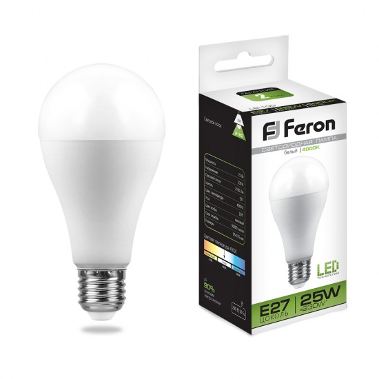 Лампа светодиодная FERON LB-100, A65 (шар), 25W 230V E27 4000К (белый), рассеиватель матовый белый, 2150Lm, угол рассеивания 220°, корпус пластик, 135*65мм jpg