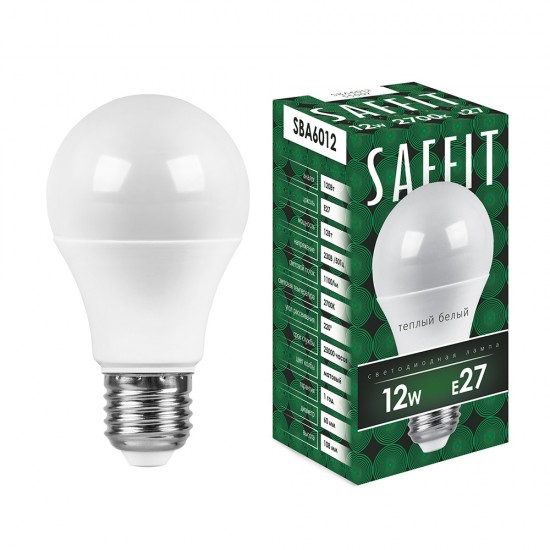Лампа светодиодная SAFFIT SBA6012, A60 (шар), 12W 230V E27 2700К (теплый белый), рассеиватель матовый белый, 1100Lm, угол рассеивания 220°, 112*60мм изображение