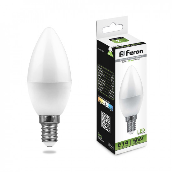 Лампа светодиодная FERON LB-570, C37 (свеча), 9W 230V E14 4000К (белый), рассеиватель матовый белый, 820Lm, угол рассеивания 200°, корпус пластик, 100*37мм foto
