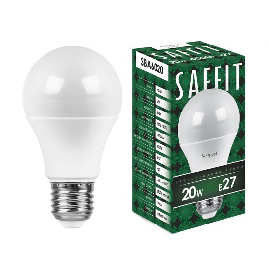 Лампа светодиодная SAFFIT SBA6020, A60 (шар), 20W 230V E27 4000К (белый), рассеиватель матовый белый, 1900Lm, угол рассеивания 220°, корпус пластик, 118*60мм image