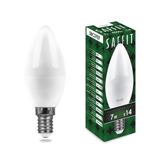 Лампа светодиодная SAFFIT SBC3707, C37 (свеча), 7W 230V E14 4000К (белый), рассеиватель матовый белый, 560Lm, угол рассеивания 220°, корпус пластик, 100*37мм картинка