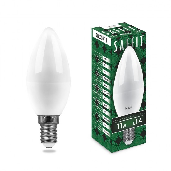 Лампа светодиодная SAFFIT SBC3711, C37 (свеча), 11W 230V E14 4000К (белый), рассеиватель матовый белый, 905Lm, угол рассеивания 220°, 100*37мм фото