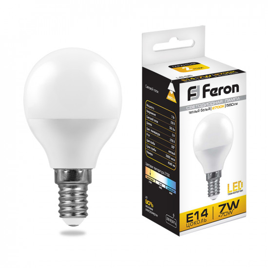 Лампа светодиодная FERON LB-95, G45 (шар малый), 7W 230V E14 2700К (белый теплый), рассеиватель матовый белый, 560Lm, угол рассеивания 220°, корпус пластик, 82*45мм jpg