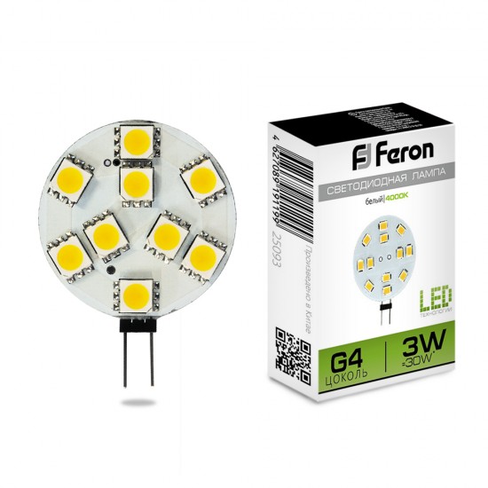 Лампа светодиодная FERON LB-16, JC (капсульная), 3W 12V G4 4000К (белый), рассеиватель прозрачный 200Lm, угол рассеивания 180°, 41*30мм jpg