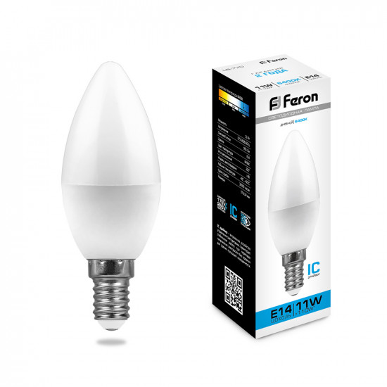 Лампа светодиодная FERON LB-770, C37 (свеча), 11W 230V E14 6400К (дневной), рассеиватель матовый белый, 955Lm, угол рассеивания 220°, корпус пластик, 114*37мм foto
