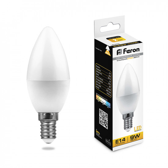 Лампа светодиодная FERON LB-570, C37 (свеча), 9W 230V E14 2700К (белый теплый), рассеиватель матовый белый, 800Lm, угол рассеивания 200°, корпус пластик, 100*37мм картинка