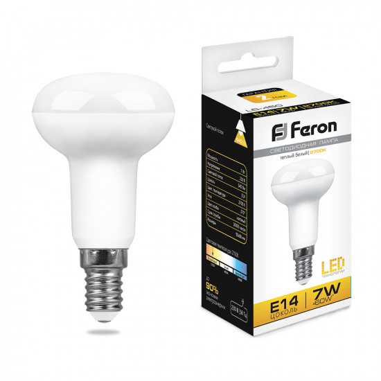 Лампа светодиодная FERON LB-450, R50 (рефлекторная), 7W 230V E14 2700К (белый теплый), рассеиватель матовый белый, 540Lm, угол рассеивания 120°, корпус пластик, 80*50мм картинка