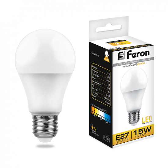 Лампа светодиодная FERON LB-94, A60 (шар), 15W 230V E27 2700К (белый теплый), рассеиватель матовый белый, 1300Lm, угол рассеивания 220°, корпус пластик, 115*60мм jpg