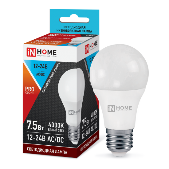 Лампа сд низковольтная LED-MO-PRO 7,5Вт 12-24В Е27 4000К 600Лм IN HOME фото