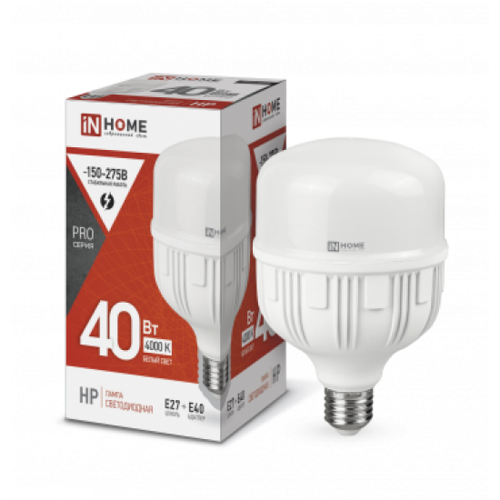 Лампа сд LED-HP-PRO 40Вт 230В Е27 с адаптером E40 4000К 3800Лм IN HOME фотография