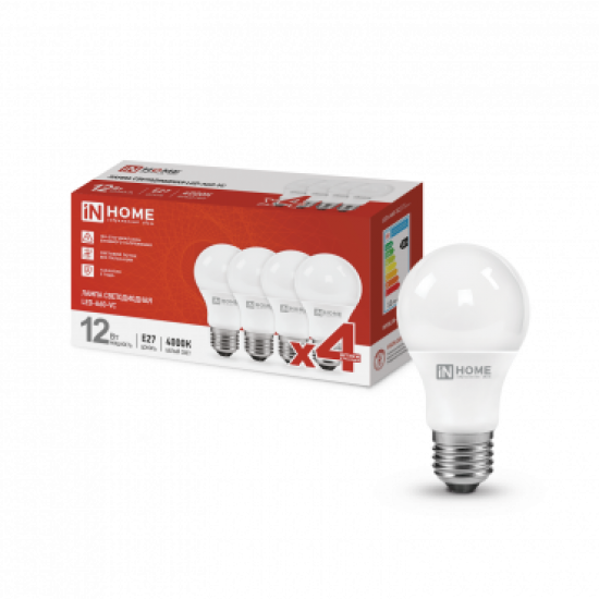 Лампа сд LED-A60-VC 4PACK 12Вт 230В Е27 4000К 1140Лм (4шт./упак) IN HOME