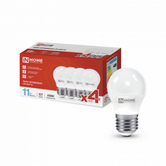 Лампа сд LED-ШАР-VC 4PACK 11Вт 230В Е27 6500К 1050Лм (4шт./упак) IN HOME