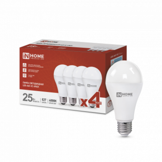 Лампа сд LED-A65-VC 4PACK 25Вт 230В Е27 4000К 2380Лм (4шт./упак) IN HOME