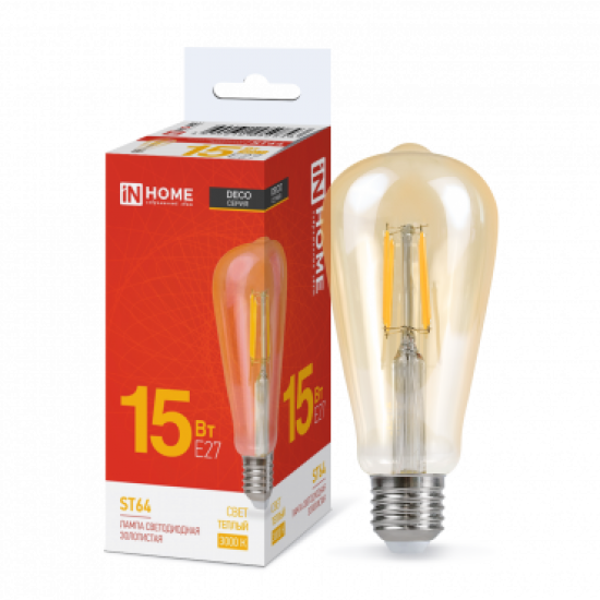 Лампа сд LED-ST64-deco gold 15Вт 230В Е27 3000К 1570Лм золотистая IN HOME