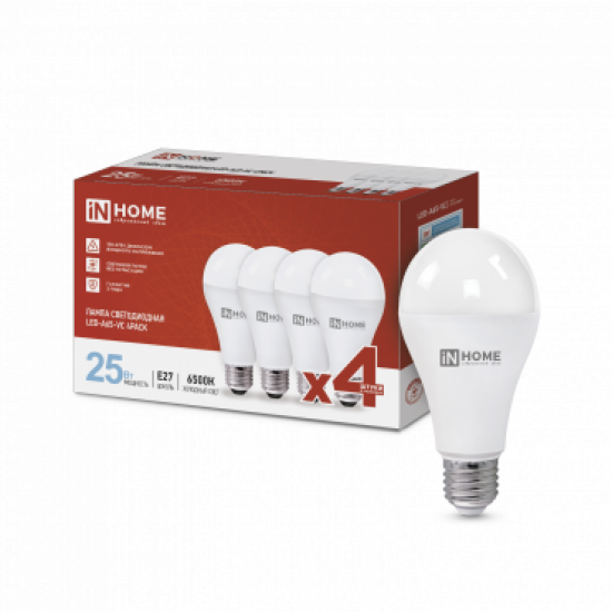 Лампа сд LED-A65-VC 4PACK 25Вт 230В Е27 6500К 2380Лм (4шт./упак) IN HOME