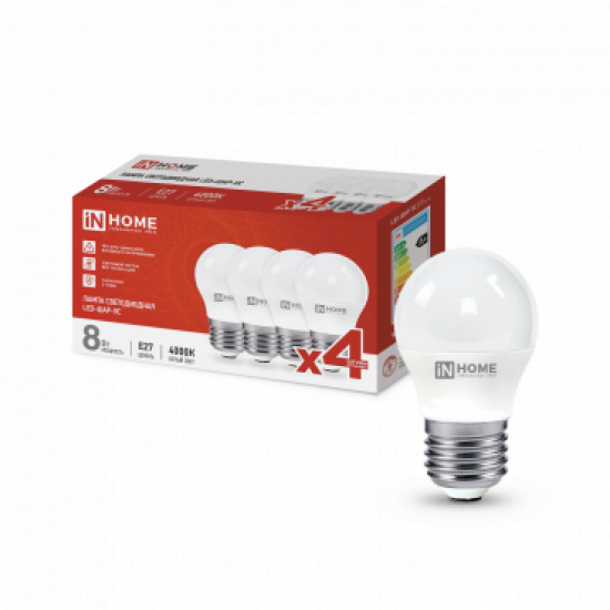 Лампа сд LED-ШАР-VC 4PACK 8Вт 230В Е27 4000К 760Лм (4шт./упак) IN HOME