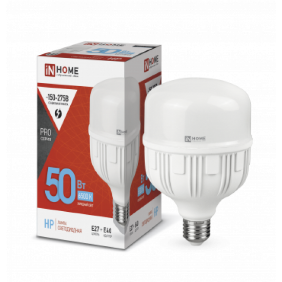 Лампа сд LED-HP-PRO 50Вт 230В Е27 с адаптером E40 6500К 4750Лм IN HOME изображение